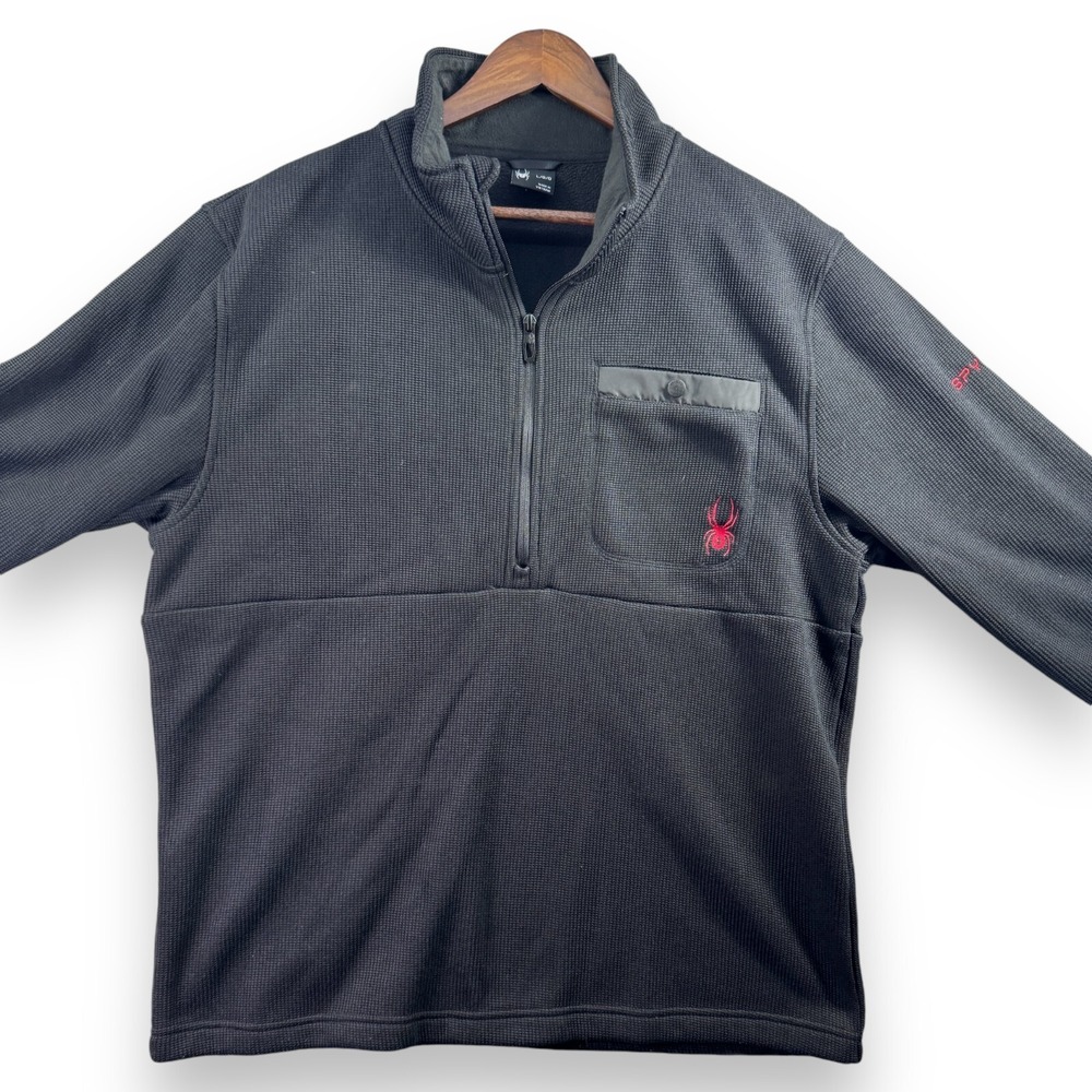 Spyder Core Mens Large 1/4 Zip Pullover Jacket Black Knit Sweater Fleece Lining